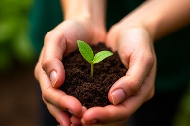 Mani che tengono un germoglio di terra